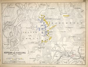 Mapa da Batalha de Aspern ou Essling, publicado por William Blackwood and Sons, Edimburgo e Londres, 1848 (gravura colorida à mão)